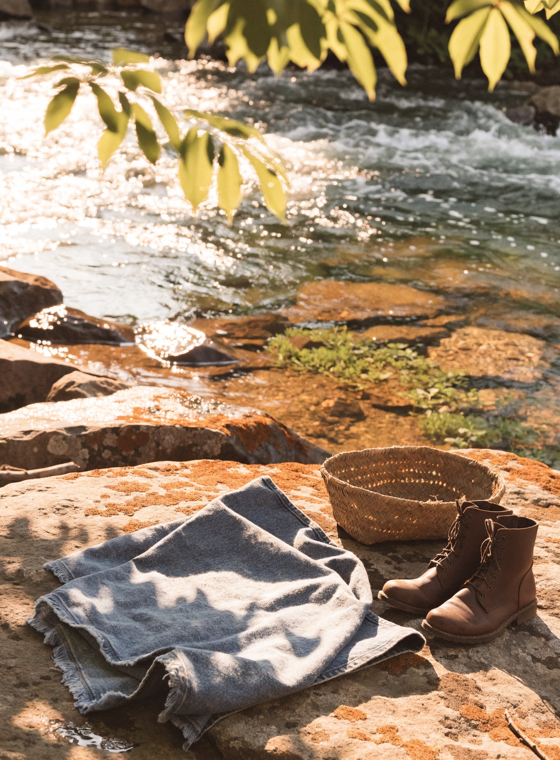 A creekside picnic with a denim blanket and leather boots in East Tennessee