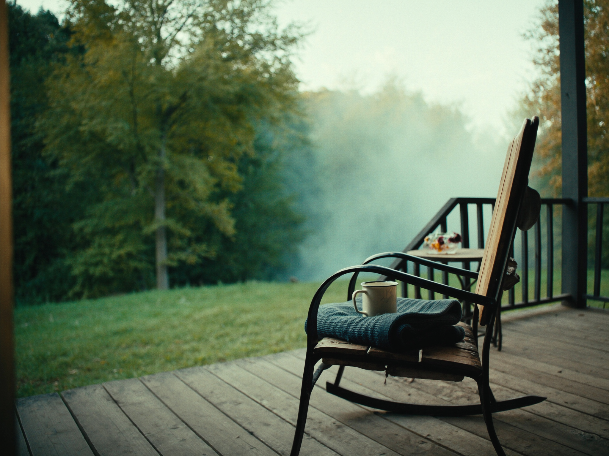 A quiet early-autumn porch with coffee and wildflowers