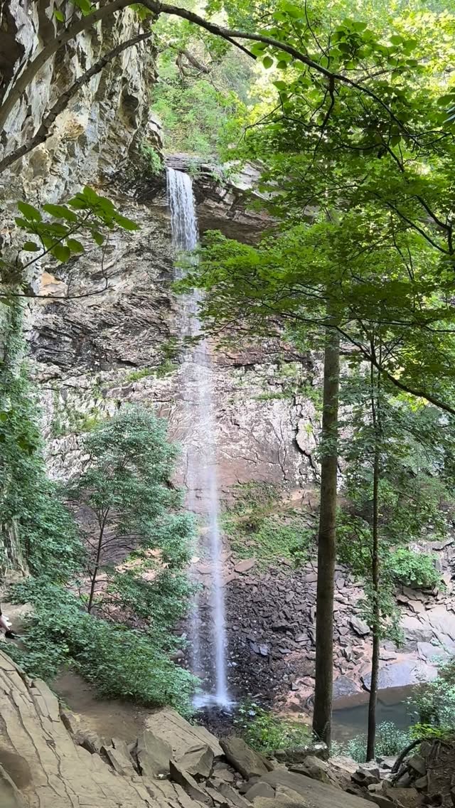 Ozone Falls framed by leafy trees and stone cliffs