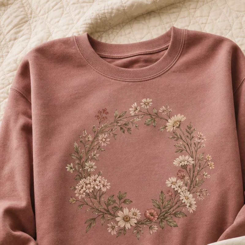 Dusty rose Appalachian wildflower crewneck with a small Olive in the Hollow signature