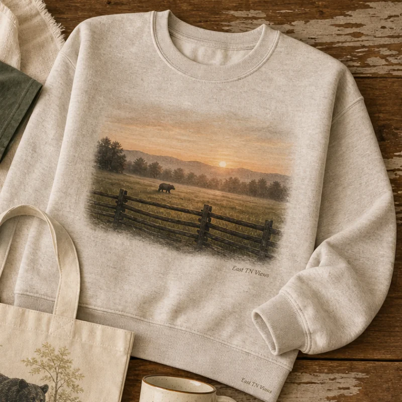 Oatmeal Cades Cove crewneck with a sunrise, layered Smoky Mountain ridges, split-rail fence, and black bear