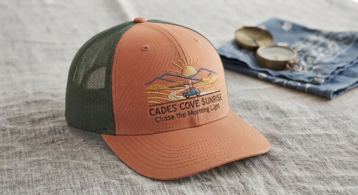 Rust and olive trucker hat embroidered with a Cades Cove sunrise and Chase the Morning Light
