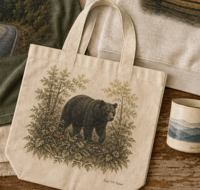 Natural canvas market tote illustrated with an East Tennessee black bear and woodland plants