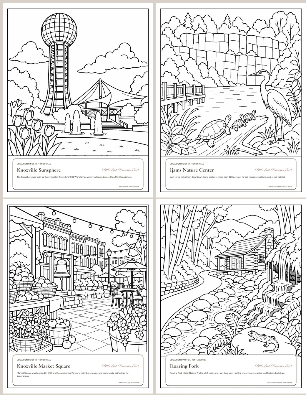 Sample coloring pages for the Knoxville Sunsphere, Ijams Nature Center, Knoxville Market Square, and Roaring Fork