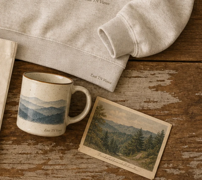 Ivory enamel camp mug wrapped with blue-gray East Tennessee foothill ridges