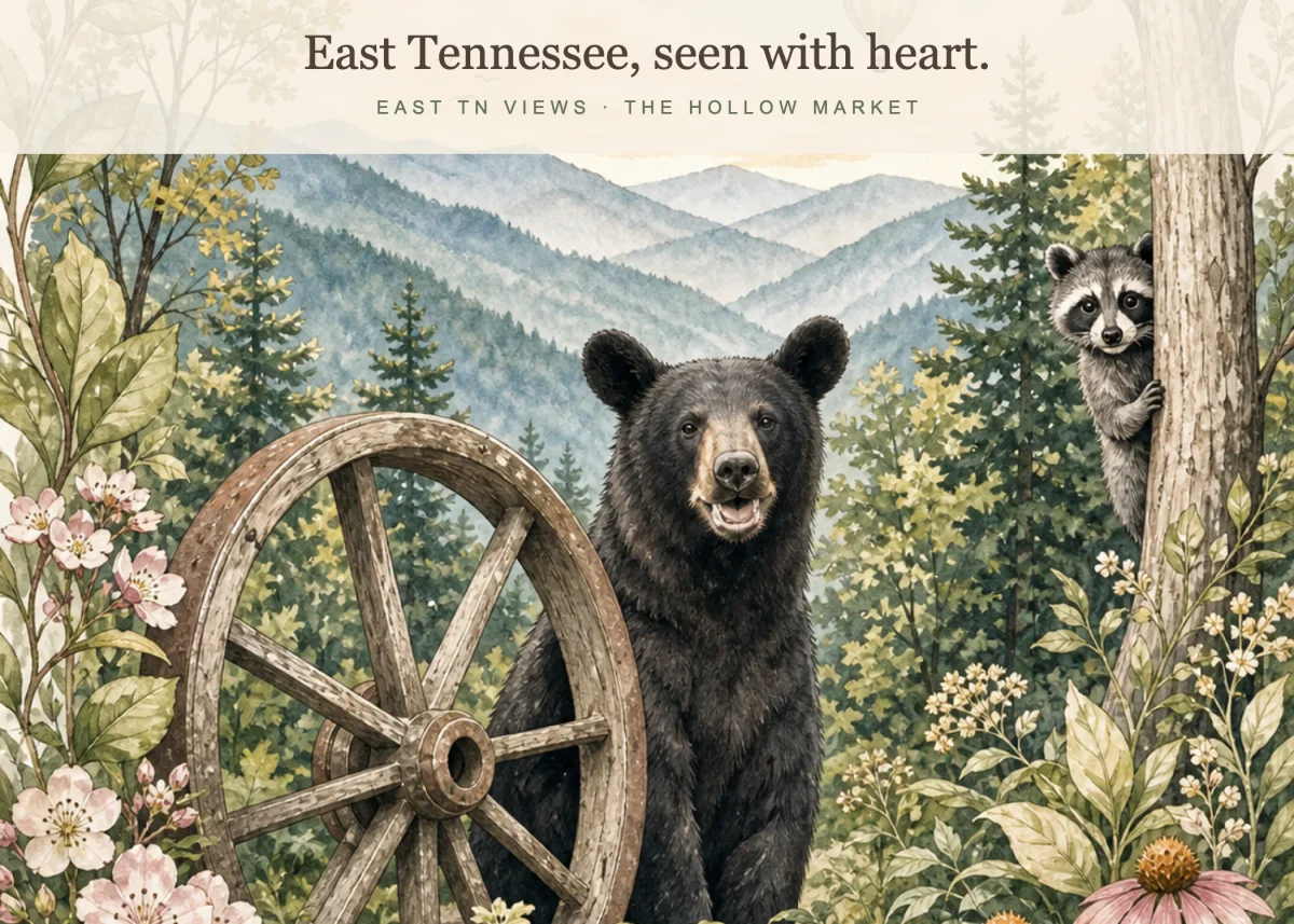 East Tennessee postcard with a black bear, wagon wheel, flowers, and layered Smoky Mountain ridges