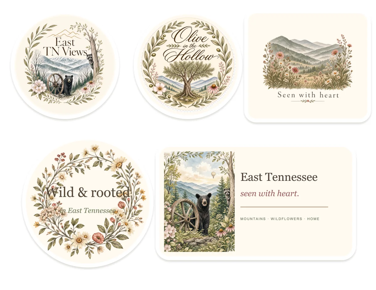 Four East Tennessee stickers with mountain scenery, black bears, wildflowers, and Olive in the Hollow artwork