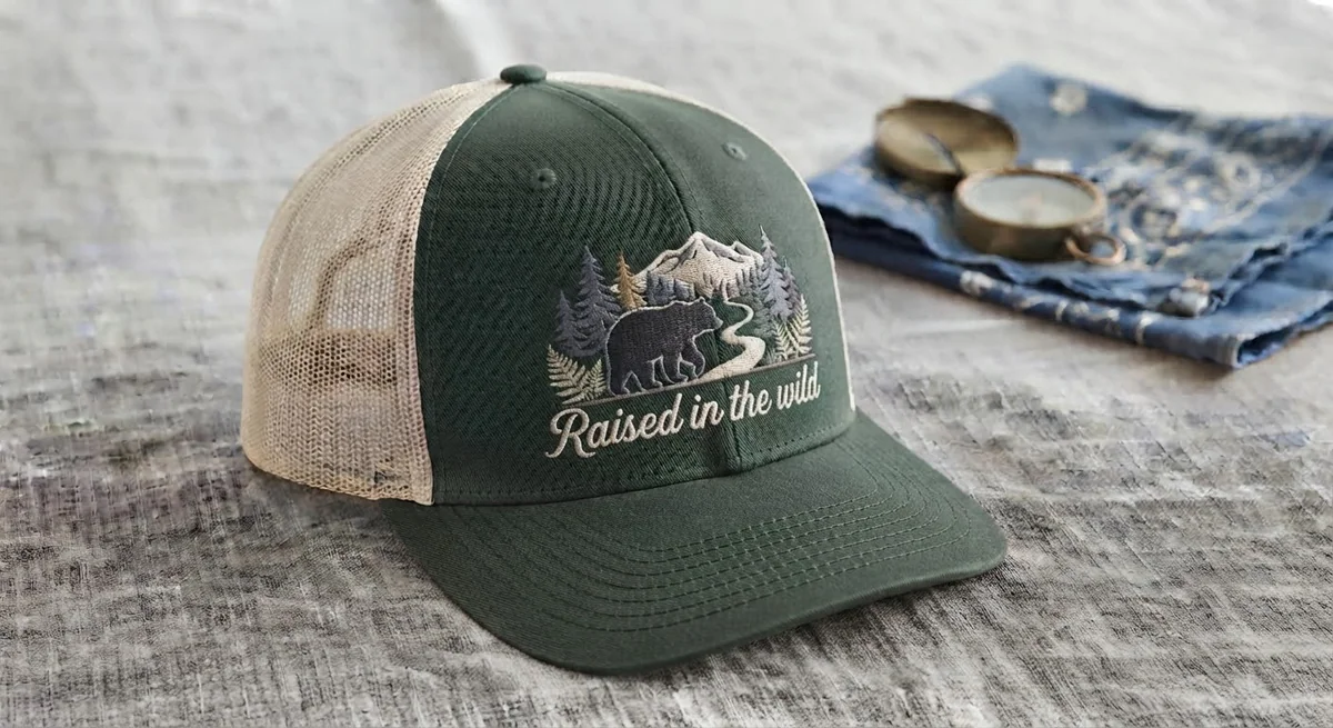 Forest-green and tan trucker hat embroidered with a black bear, mountain trail, and Raised in the Wild