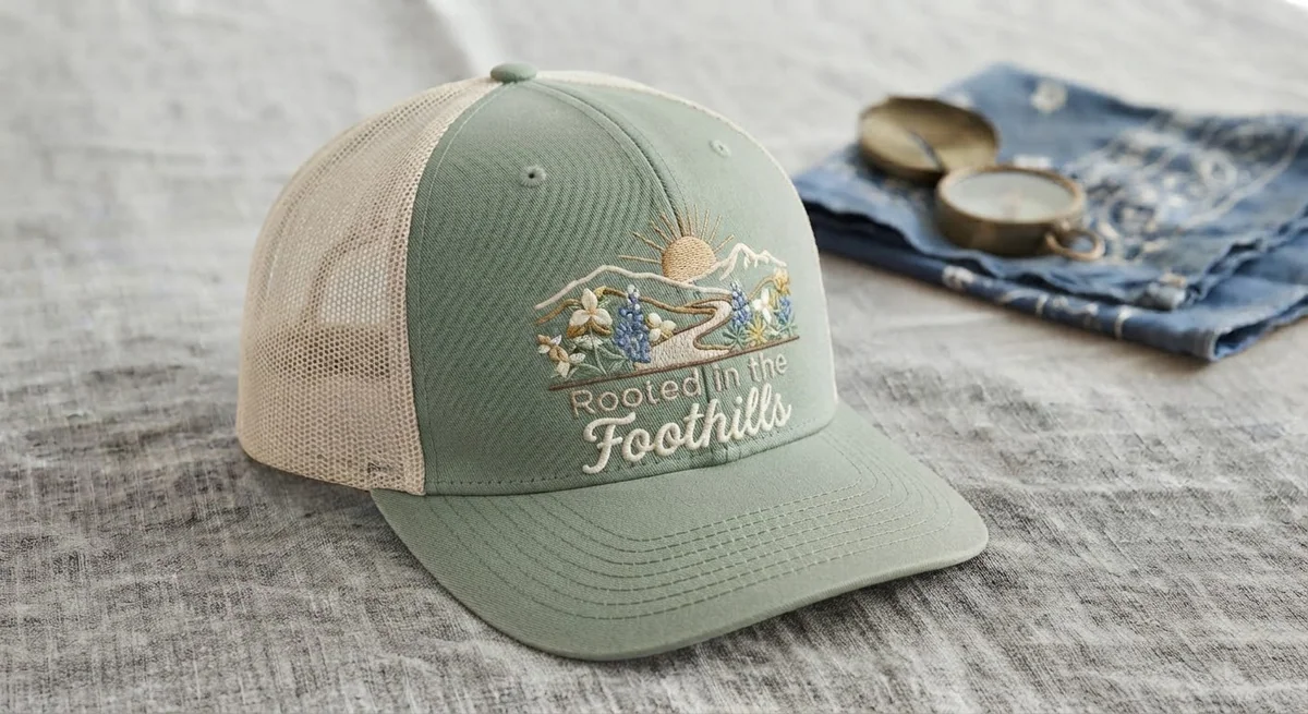 Sage-green and tan trucker hat embroidered with a sunrise, wildflowers, and Rooted in the Foothills