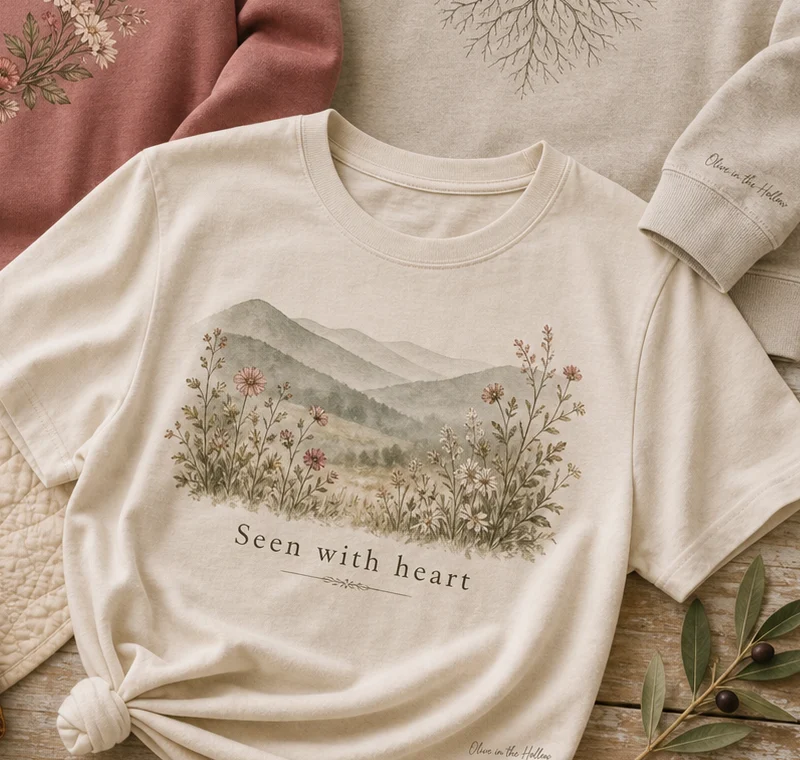 Cream Appalachian mountain T-shirt with misty foothills, meadow wildflowers, and the words Seen with heart