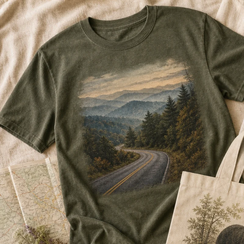 Faded olive East Tennessee T-shirt with a scenic road winding into misty Smoky Mountain ridges
