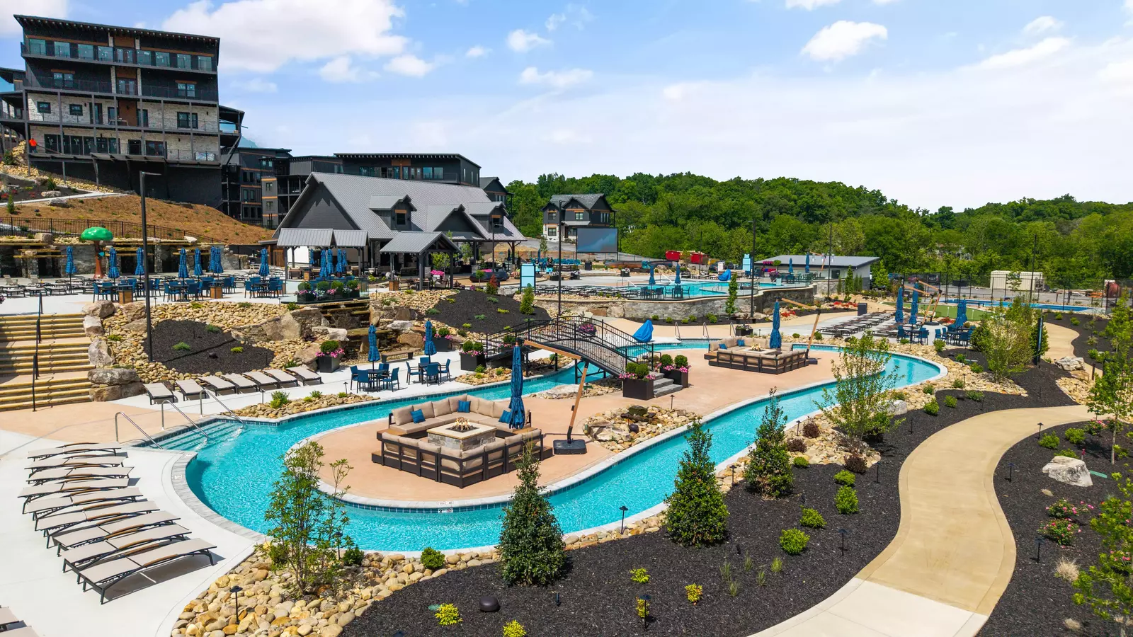Aerial view of the Rambling River Waterpark lazy river and pool complex
