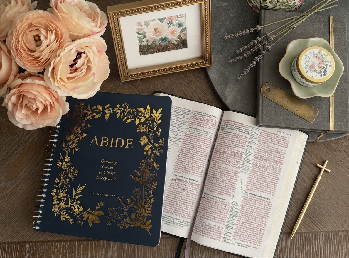 An Abide Bible study book beside an open Bible, flowers, and a small gold cross on a warm wooden table